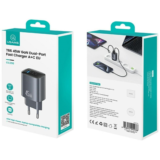 Ĺadowarka sieciowa T66 45W CC290 GaN Fast charge 1xUSB-A 1xUSB-C srebrny 