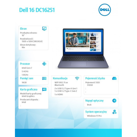 Laptop Dell 16 DC16251 W11P C7-150U/16GB/512GB/16.0 FHD+/Int/FgrPr/WLAN + BT/Backlit Kb/4 Cell/3YPS Midnight Blue