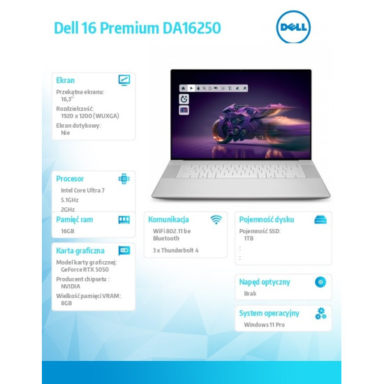 Laptop Dell 16 Premium DA16250 Win11Pro U7-255H|16GB|1TB SSD|NVIDIA GeForce RTX 5050, 8GB GDDR7| WLAN + BT|16.3 FHD|Backlit Kb|6 Cell