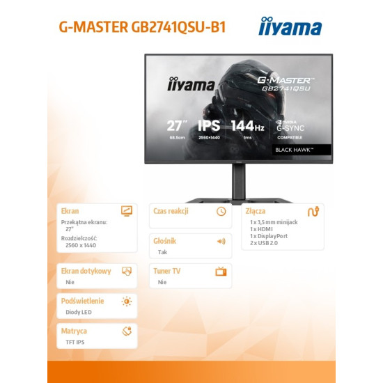 Monitor 27 cali GB2741QSU-B1 IPS,QHD,144Hz,1ms,2xUSB,                Adaptive G-SYNC,HDMI,DP,350cd, HAS (150) PIVOT 