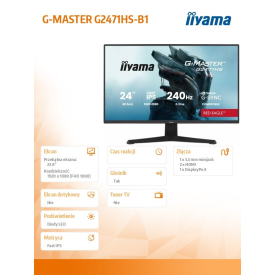 Monitor 23,8 cala G2471HS-B1 Fast IPS,FHD,240Hz,2xHDMI,DP, 350cd,     Adaptive G-SYNC - 1920 x 1080 @48-240Hz  DisplayPort Only 