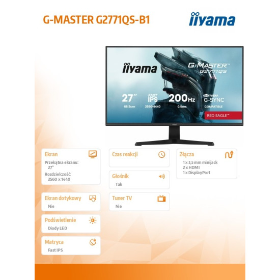 Monitor 27 cali G2771QS-B1  QHD,Fast IPS,DP,2xHDMI,200Hz,           350cd,Adaptive G-SYNC - 2560 x 1440 @48-200Hz DisplayPort Only 