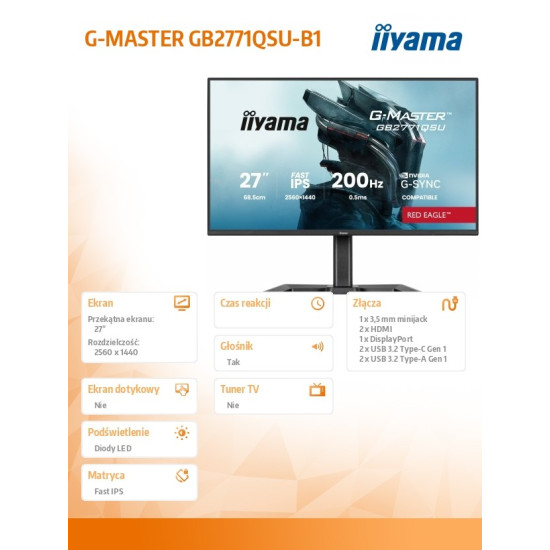 Monitor 27 cali GB2771QSU-B1 QHD,Fast IPS,200Hz,HAS (150) PIVOT,2xUSB 3.2,2xUSB C,0,5ms,2xHDMI,DP,350cd,Adaptive G-SYNC 1920x1080@48-240Hz DP only