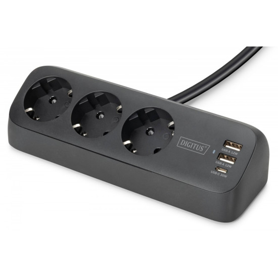 Listwa zasilająca biurkowa, 3 gniazda Schuko, 2x USB-A (2x 12W), 1x USB-C (30W) z zaciskiem na blat, kabel 1,5m, czarna
