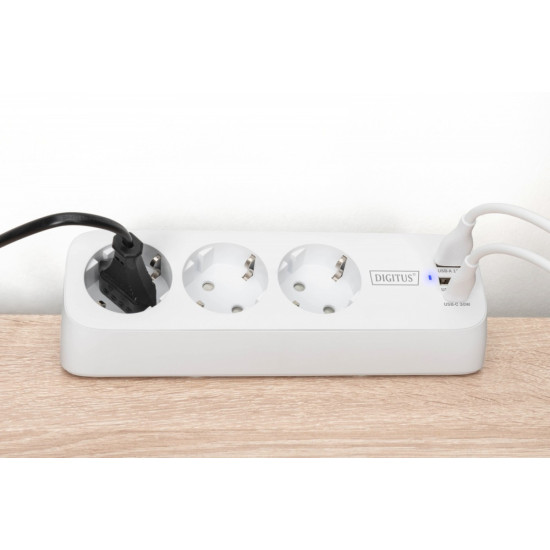 Listwa zasilająca biurkowa, 3 gniazda Schuko, 2x USB-A (2x 12W), 1x USB-C (30W) z zaciskiem na blat, kabel 1,5m, biała