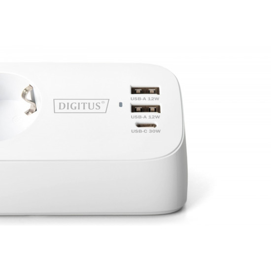 Listwa zasilająca biurkowa, 3 gniazda Schuko, 2x USB-A (2x 12W), 1x USB-C (30W) z zaciskiem na blat, kabel 1,5m, biała