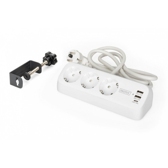 Listwa zasilająca biurkowa, 3 gniazda Schuko, 2x USB-A (2x 12W), 1x USB-C (30W) z zaciskiem na blat, kabel 1,5m, biała