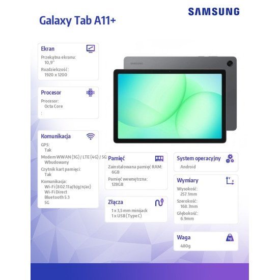 Tablet Galaxy Tab A11+ X236 10.9 cala  5G 6/128GB Szary Enterprise Edition