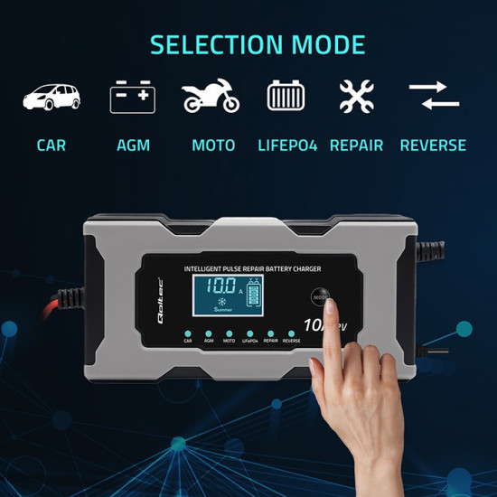 Mikroprocesorowa ładowarka 12V 10A | Prostownik z funkcją naprawy do akumulatora AGM GEL LiFePO4 | LCD 