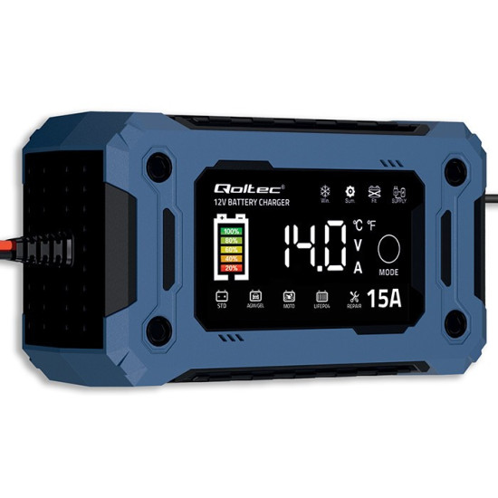 Mikroprocesorowa ładowarka 12V 15A | Prostownik z funkcją naprawy i podtrzymania zasilania podczas wymiany akumulatora | do AGM GEL LiFePO4 |   LCD 