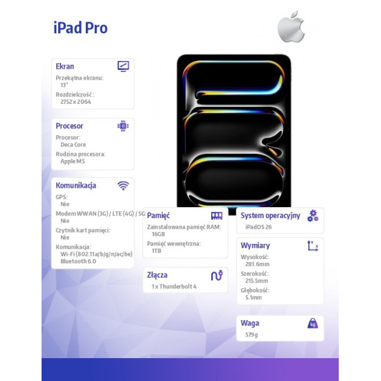 iPad Pro 13-calowy Wi-Fi 1 TB ze standardowym szkłem - Gwiezdna czerń