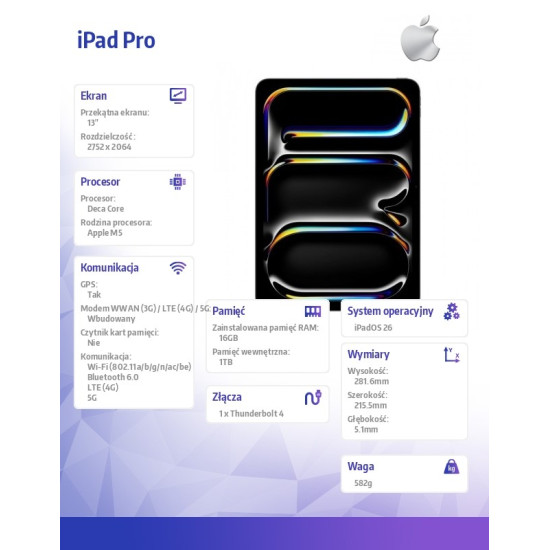 iPad Pro 13-calowy Wi-Fi + Cellular 1 TB ze szkłem standardowym - Gwiezdna czerń