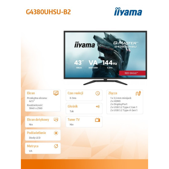 Monitor G-Master 42.5 cala G4380UHSU-B2 4K,VA,2xHDMI,2xDP,0,3ms,144Hz,550cd,    4000:1, USB HUBx4, 2x7W,