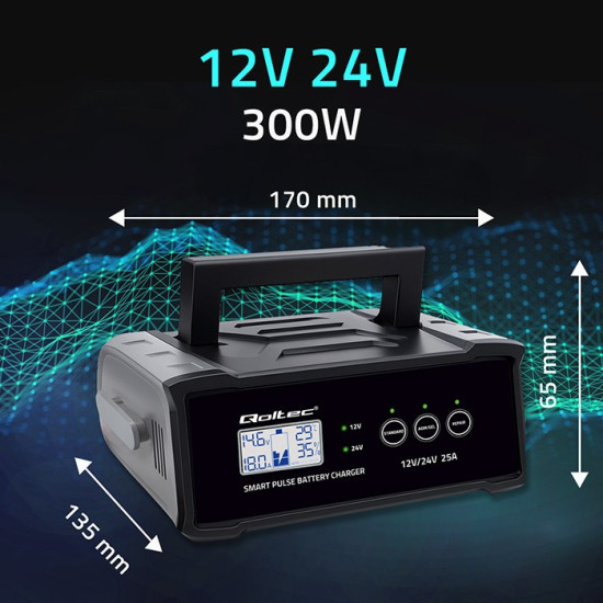 Mikroprocesorowa ładowarka 12V 24V 25A | Prostownik z funkcją naprawy do akumulatora AGM GEL SLA | LCD 