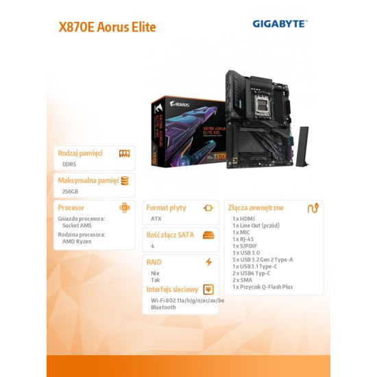 Płyta główna X870E AORUS ELITE X3D AM5 4DDR5 HDMI/USB-C ATX 
