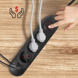 Listwa zasilająca MCE394 B, 1,5m|3 gniazda + 3xUSB. 110-240V AC 50/60Hz, 2.1A max 2500W, czarna