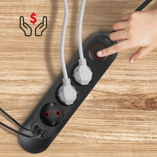 Listwa zasilająca MCE394 B, 1,5m|3 gniazda + 3xUSB. 110-240V AC 50/60Hz, 2.1A max 2500W, czarna