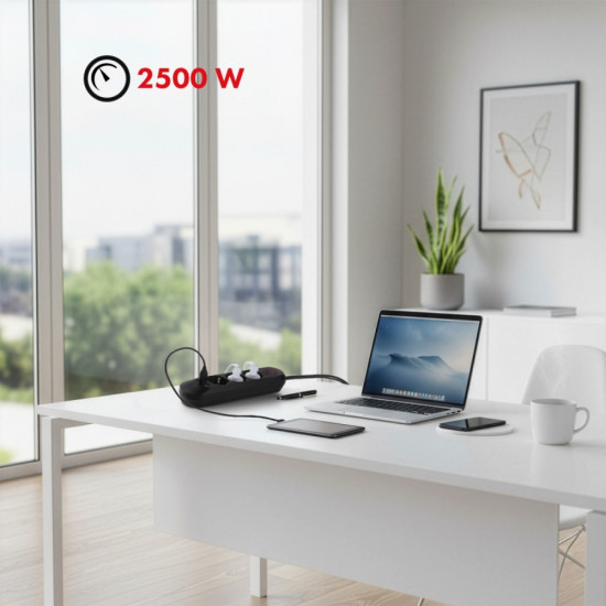 Listwa zasilająca MCE394 B, 1,5m|3 gniazda + 3xUSB. 110-240V AC 50/60Hz, 2.1A max 2500W, czarna