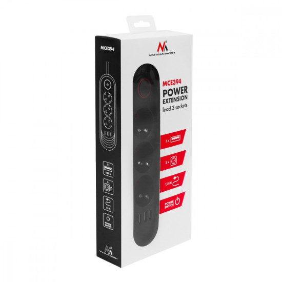 Listwa zasilająca MCE394 B, 1,5m|3 gniazda + 3xUSB. 110-240V AC 50/60Hz, 2.1A max 2500W, czarna
