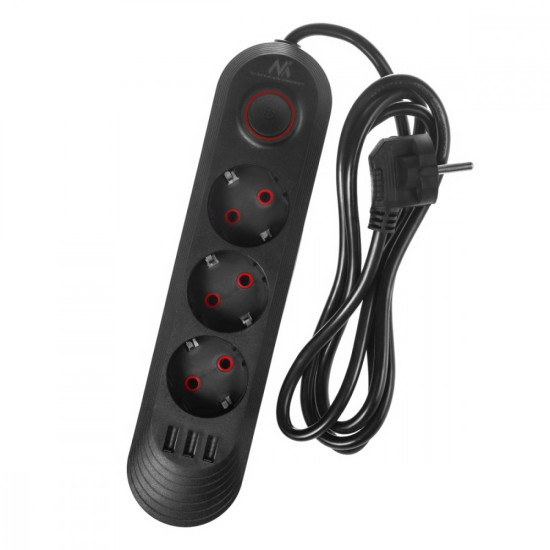 Listwa zasilająca MCE394 B, 1,5m|3 gniazda + 3xUSB. 110-240V AC 50/60Hz, 2.1A max 2500W, czarna