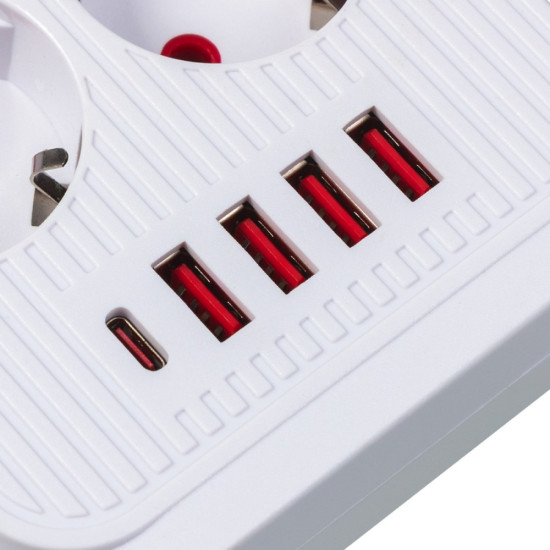 Listwa zasilająca MCE389 W 6 gniazd 4xUSB-A 1xUSB-C 110-240V, AC 50/60Hz, 2.1A max 2500W biała