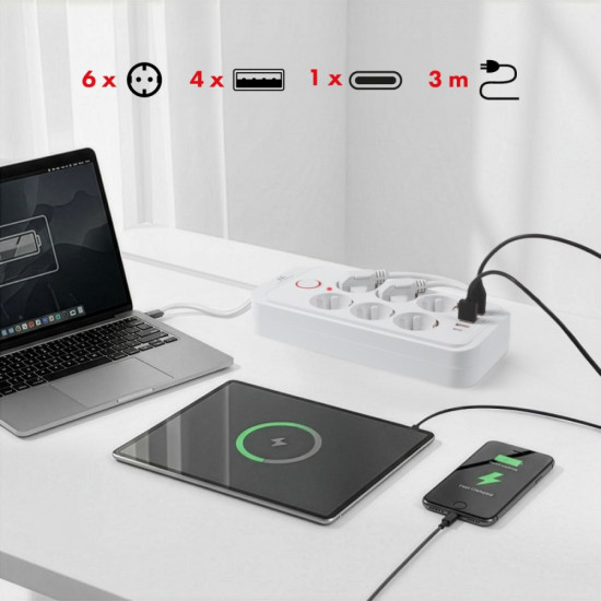 Listwa zasilająca MCE391 W 6 gniazd 4xUSB-A 1xUSB-C 110-240V AC 50/60Hz, 2.1A max 2500W, biała