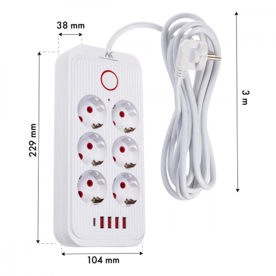 Listwa zasilająca MCE391 W 6 gniazd 4xUSB-A 1xUSB-C 110-240V AC 50/60Hz, 2.1A max 2500W, biała