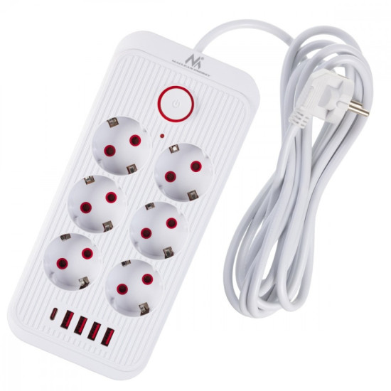 Listwa zasilająca MCE391 W 6 gniazd 4xUSB-A 1xUSB-C 110-240V AC 50/60Hz, 2.1A max 2500W, biała