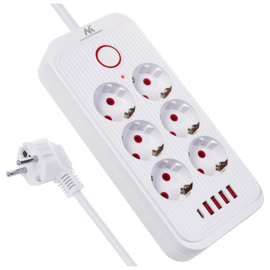 Listwa zasilająca MCE391 W 6 gniazd 4xUSB-A 1xUSB-C 110-240V AC 50/60Hz, 2.1A max 2500W, biała