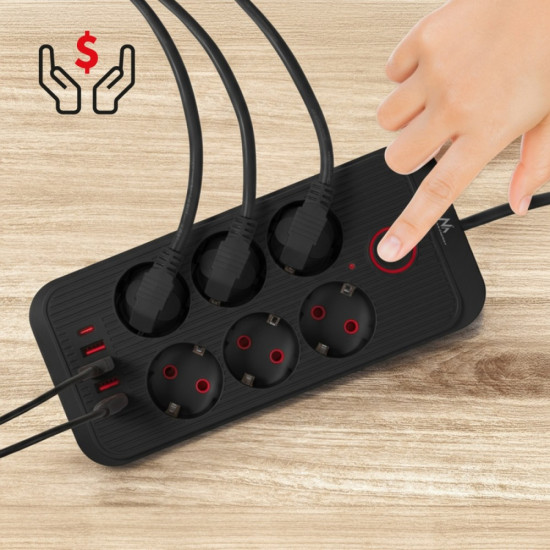 Listwa zasilająca MCE391 B 6 gniazd 4xUSB-A 1xUSB-C, 110-240V AC 50/60Hz, 2.1A max 2500W, czarna
