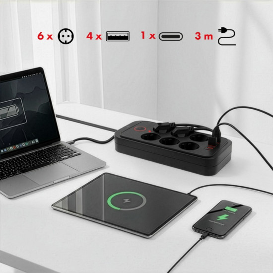 Listwa zasilająca MCE391 B 6 gniazd 4xUSB-A 1xUSB-C, 110-240V AC 50/60Hz, 2.1A max 2500W, czarna
