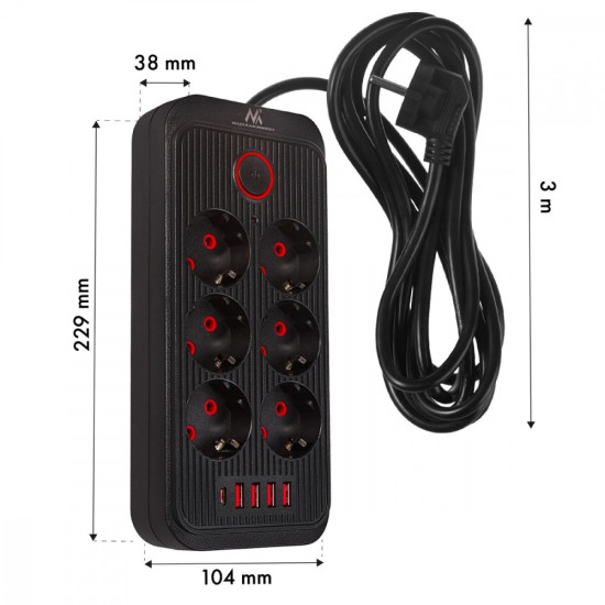 Listwa zasilająca MCE391 B 6 gniazd 4xUSB-A 1xUSB-C, 110-240V AC 50/60Hz, 2.1A max 2500W, czarna