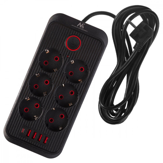 Listwa zasilająca MCE391 B 6 gniazd 4xUSB-A 1xUSB-C, 110-240V AC 50/60Hz, 2.1A max 2500W, czarna