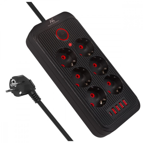 Listwa zasilająca MCE391 B 6 gniazd 4xUSB-A 1xUSB-C, 110-240V AC 50/60Hz, 2.1A max 2500W, czarna