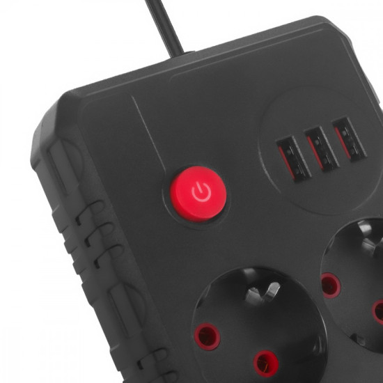 Listwa zasilająca MCE388 B 2 gniazda, 3xUSB, 110-120V AC 50/60Hz, 2.1A max 2500W, 3m czarna
