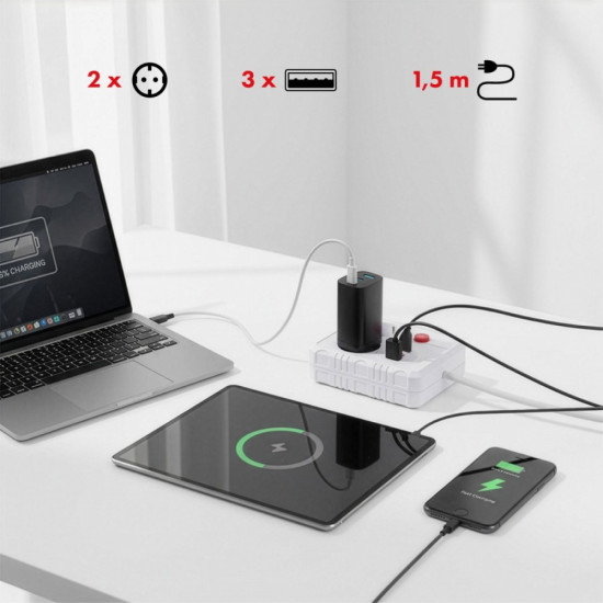 Listwa zasilająca 2 gniazda MCE387 W 3xUSB, 110-240V AC 50/60Hz, 2.1A max 2500W, 1.5m, biała