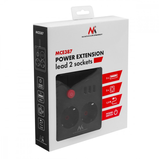 Listwa zasilająca MCE387 B 2 gniazda 3xUSB, 110-240V AC 50/60Hz 2,1A max 2500W, 1,5m czarna