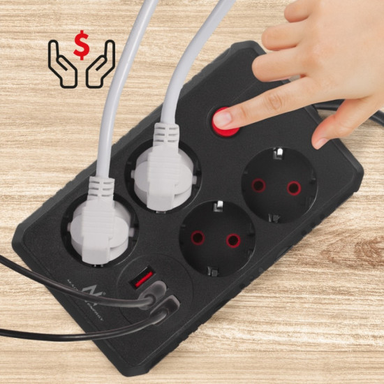 Listwa zasilająca MCE392 B, 4 gniazda 3xUSB, 110-240V AC 50/60Hz, 2.1A max 2500W, 1,5m czarna