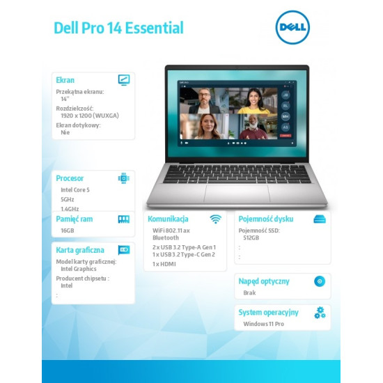 Laptop Dell Pro 14 Essential PV14250 W11P C5-220U|16GB|512GB|Intel Graphics|FgrPr|WLAN+BT|14.0 2K|BcklKb|4C|65W|3YPS Platinum Silver (Plastic)