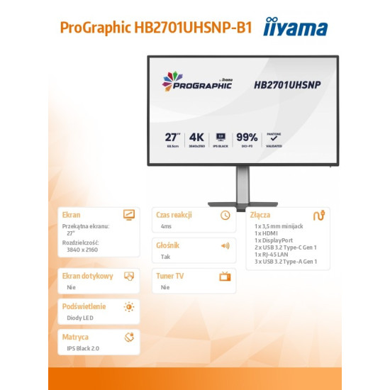Monitor 27 cali ProGraphic HB2701UHSNP-B1 4K,IPS BLACK 2.0,450cd,VESA USB-c dock(PD:96W),HDMI,DP,DAISY/CHAIN,4xUSB,RJ45,3000:1,sRGB:100%,DCI-P3:99%,KV