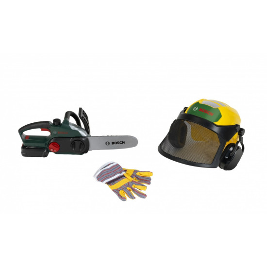 Zestaw drwala z piłą, przyłbicą i rękawicami