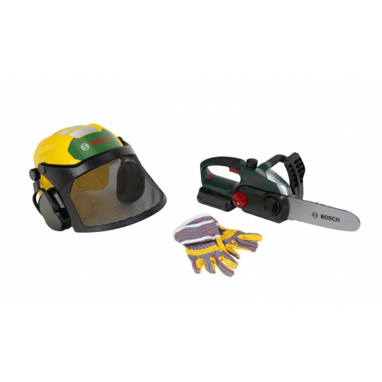 Zestaw drwala z piłą, przyłbicą i rękawicami