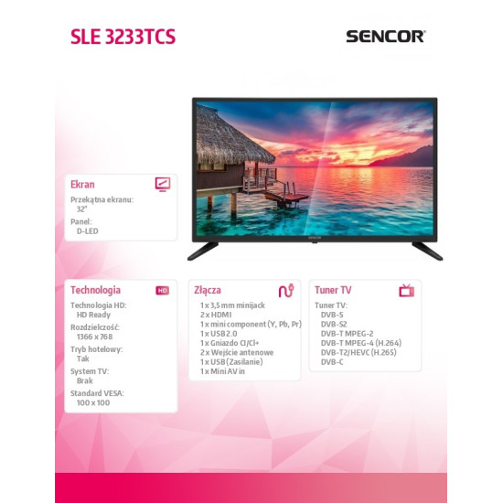 Telewizor 32 cale D-LED SLE 3233TCS DVB-T/T2/C/S/S2 Ci+ HEVC 