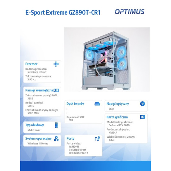 Komputer E-Sport Extreme GZ890T-CR1 Core Ultra 7K/32GB/2TB/RTX 5070 OC/Biały