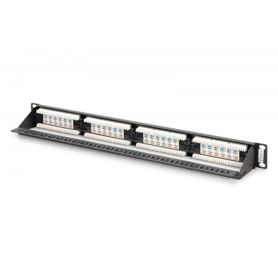Panel krosowy (patch panel) 19' 24x RJ45, LSA pion, kat.6, nieekranowany, 1U, prowadnica kabli, pola opisowe, Czarny