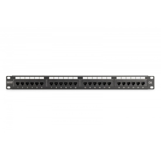 Panel krosowy (patch panel) 19' 24x RJ45, LSA pion, kat.6, nieekranowany, 1U, prowadnica kabli, pola opisowe, Czarny