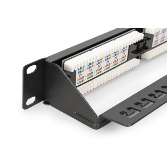 Panel krosowy (patch panel) 19' 24x RJ45, LSA pion, kat.6, nieekranowany, 1U, prowadnica kabli, pola opisowe, Czarny