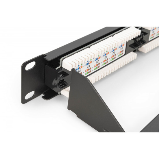 Panel krosowy (patch panel) 19' 24x RJ45, LSA pion, kat.6, nieekranowany, 1U, prowadnica kabli, pola opisowe, Czarny