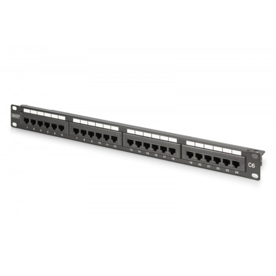 Panel krosowy (patch panel) 19' 24x RJ45, LSA pion, kat.6, nieekranowany, 1U, prowadnica kabli, pola opisowe, Czarny