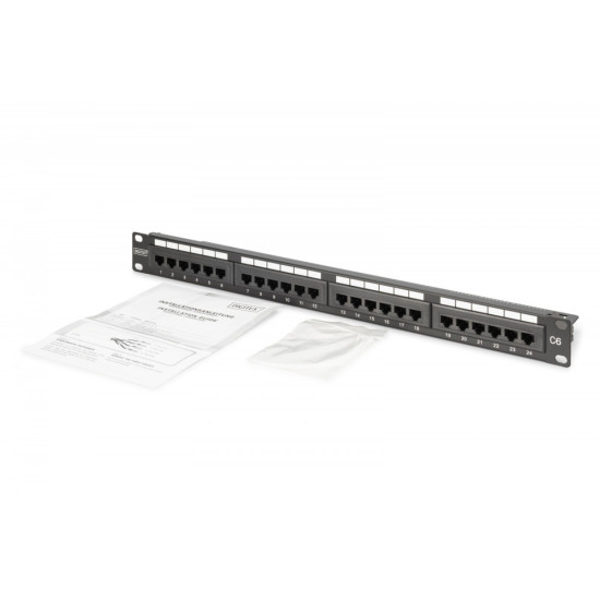 Panel krosowy (patch panel) 19' 24x RJ45, LSA pion, kat.6, nieekranowany, 1U, prowadnica kabli, pola opisowe, Czarny